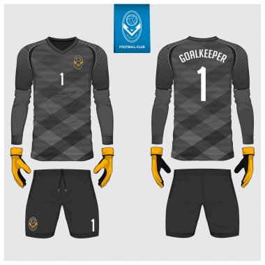 Kaleci jersey ya da futbol takımı, uzun kollu jersey, kaleci eldiveni şablon tasarımı. Spor t-shirt alay et. Ön ve arka futbol Tekdüzen görüntüleyin. Düz futbol logo etiket. Vektör