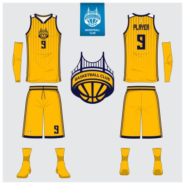 Basketball uniform or sport jersey, shorts, socks template for basketball club. Front and back view sport t-shirt design. Tank top t-shirt mock up with basketball flat logo design. Vector clipart