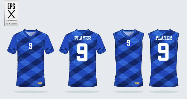 Blue Scotch pattern t-shirt sport design template for soccer jersey, football kit and tank top for basketball jersey. Sport uniform in front and back view. Tshirt mock up for sport club. 