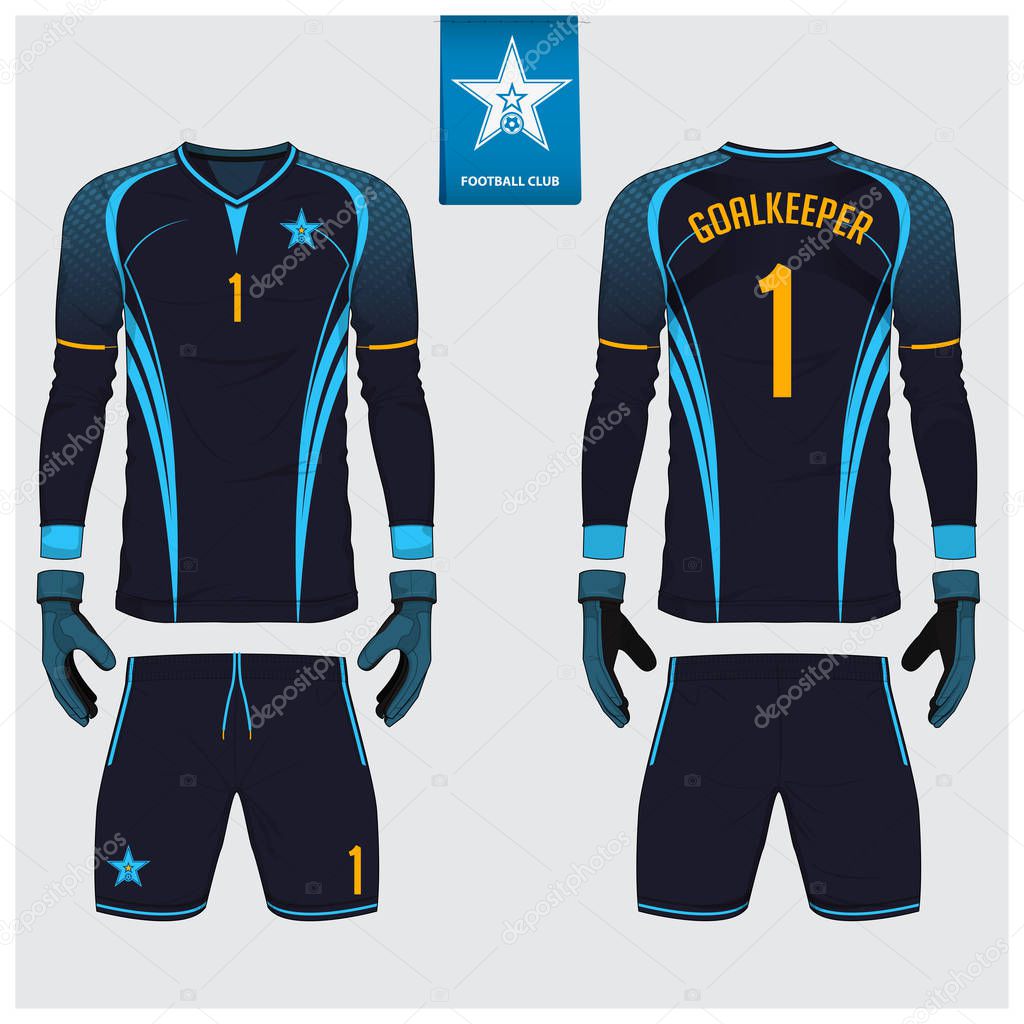 Portero jersey o kit de futbol manga larga jersey portero guante plantilla de diseno. Camiseta deportiva simulada. Uniforme de futbol con vista frontal y trasera. Etiqueta de logotipo de futbol plano....