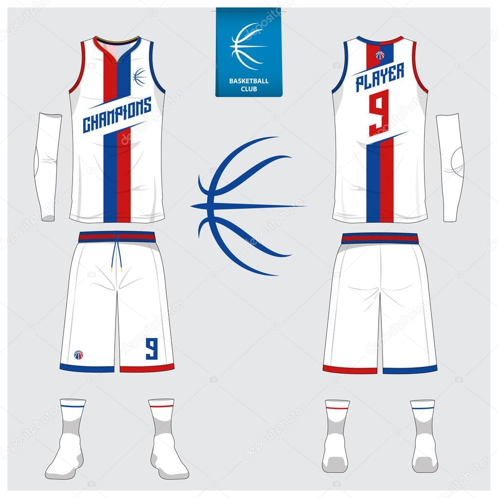 Basketball uniform or sport jersey, shorts, socks template for basketball club. Front and back view sport t-shirt design. Tank top t-shirt mock up with basketball flat logo design. Vector Illustration.
