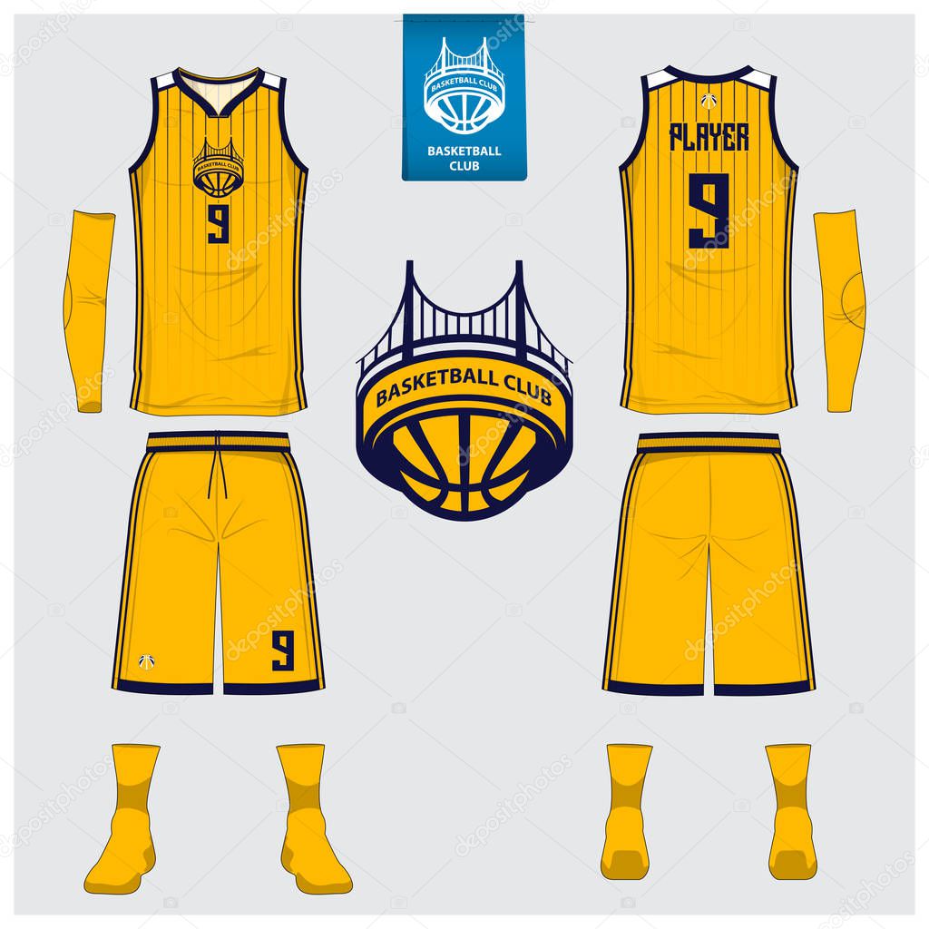 Basketball uniform or sport jersey, shorts, socks template for basketball club. Front and back view sport t-shirt design. Tank top t-shirt mock up with basketball flat logo design. Vector