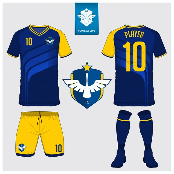 Futbol Forma, futbol takımı, t-shirt spor, kısa, çorap şablon tasarım spor kulübü için. Futbol t-shirt alay et. Ön ve arka futbol Tekdüzen görüntüleyin. Mavi etiket üzerinde düz futbol logo. Vektör.