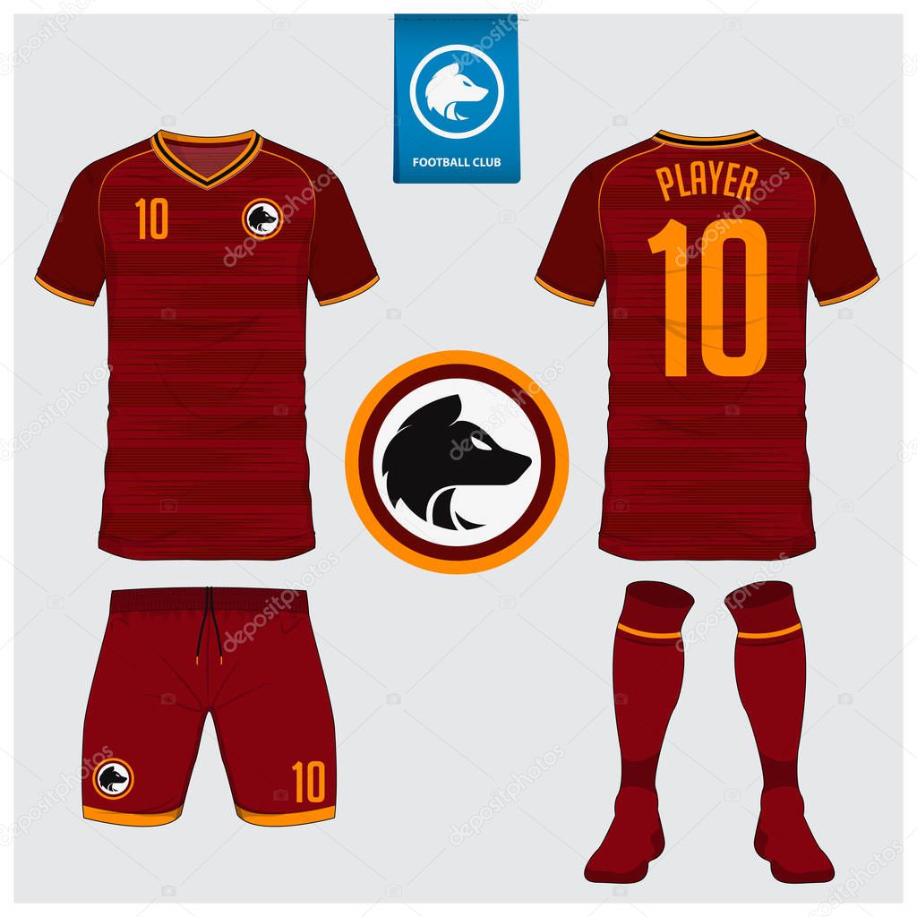 Soccer jersey, football kit, t-shirt sport, short, sock template design for sport club. Football t-shirt mock up. Front and back view soccer uniform. Flat football logo on blue label. Vector Illustration.