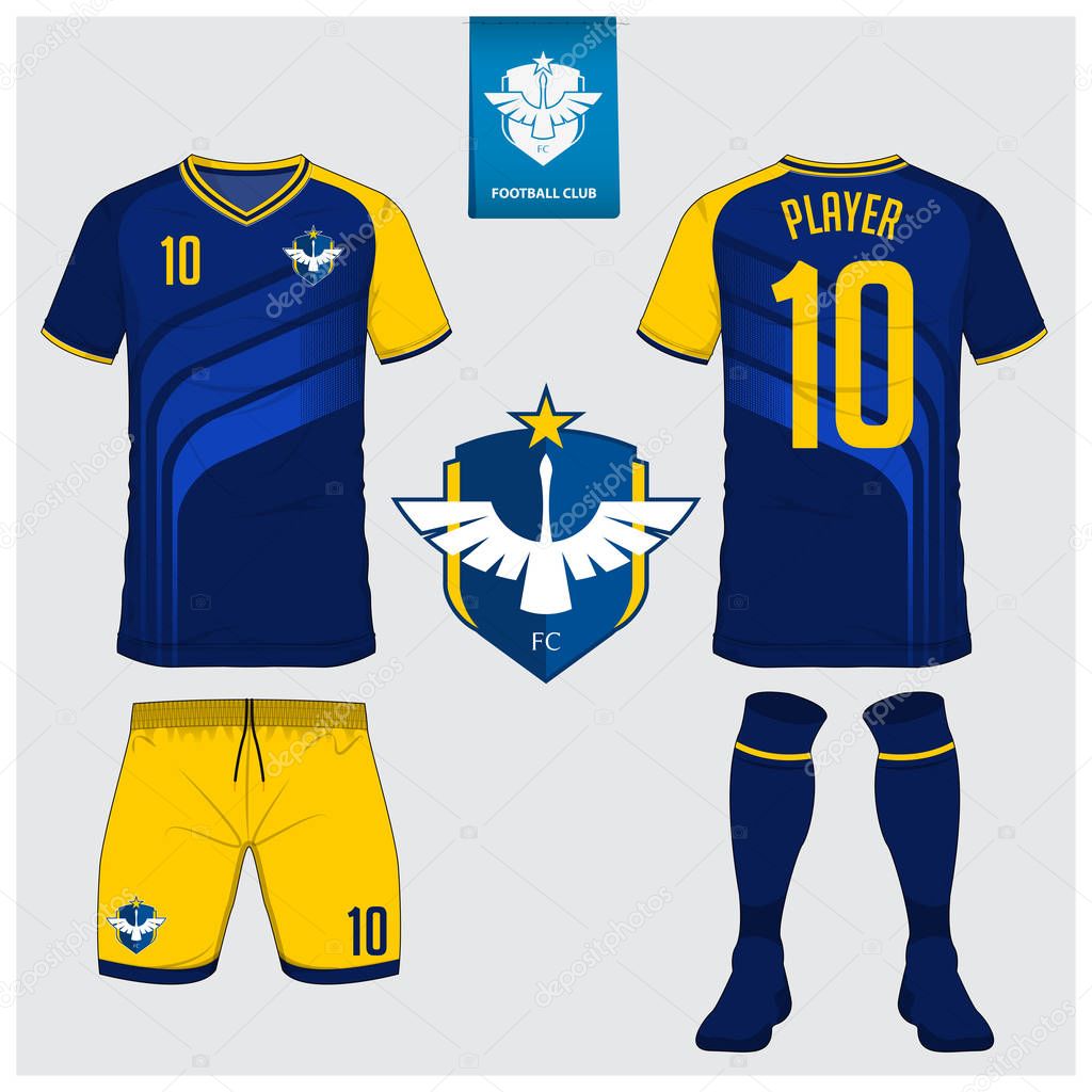 Soccer jersey, football kit, t-shirt sport, short, sock template design for sport club. Football t-shirt mock up. Front and back view soccer uniform. Flat football logo on blue label. Vector Illustration.