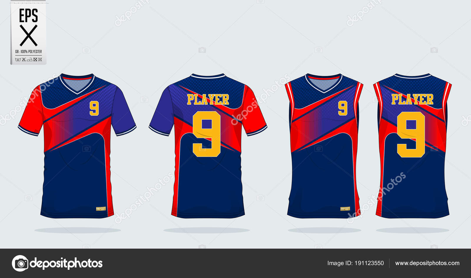 Blue-Red t-shirt sport design template for soccer jersey, football