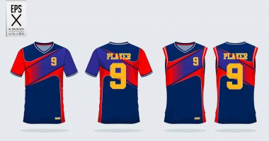 Blue-Red t-shirt sport design template for soccer jersey, football kit and tank top for basketball jersey. Sport uniform in front and back view. Tshirt mock up for sport club. Vector. clipart