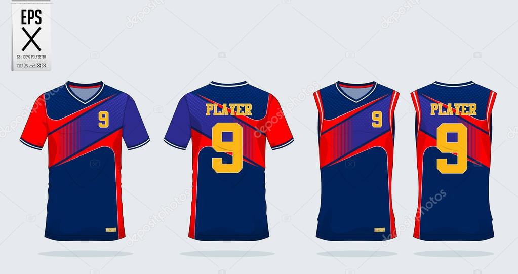 Blue-Red t-shirt sport design template for soccer jersey, football kit and tank top for basketball jersey. Sport uniform in front and back view. Tshirt mock up for sport club. Vector.