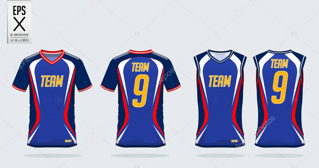 Blue-Red t-shirt sport design template for soccer jersey, football kit and tank top for basketball jersey. Sport uniform in front and back view. Tshirt mock up for sport club. Vector.
