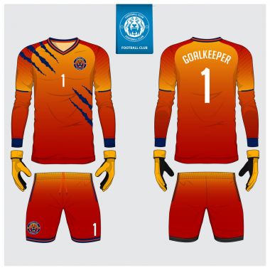 Kaleci jersey ya da futbol takımı, uzun kollu jersey, kaleci eldiveni şablon tasarımı. Spor t-shirt alay et. Ön ve arka futbol Tekdüzen görüntüleyin. Düz futbol logo etiket. Vektör.