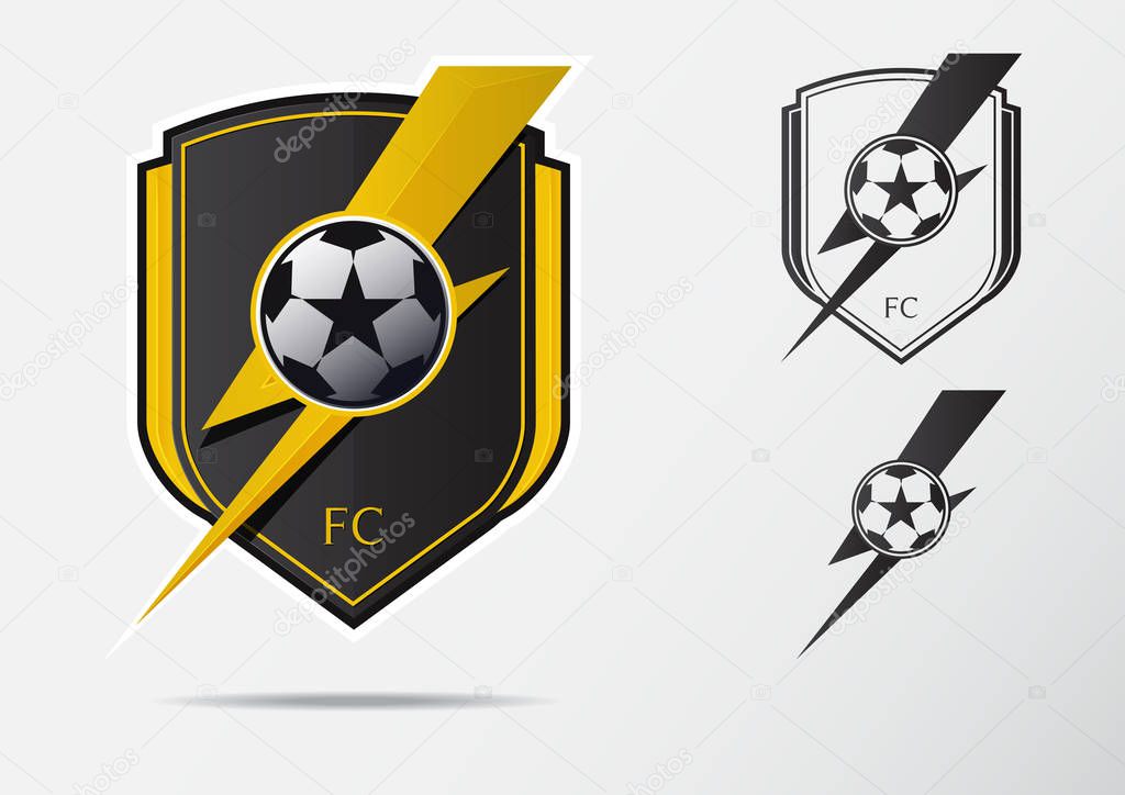 Soccer or Football Badge Logo Design for football team. Minimal design of golden thunderbolt and black and white soccer ball. Football club logo in lightning black and white icon. Vector Illustration.