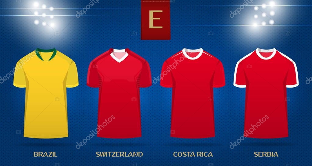 Soccer kit or football jersey template design for national football team. Front view soccer uniform mock up on dot pattern background. Football t-shirt for world soccer tournament. Vector Illustration.