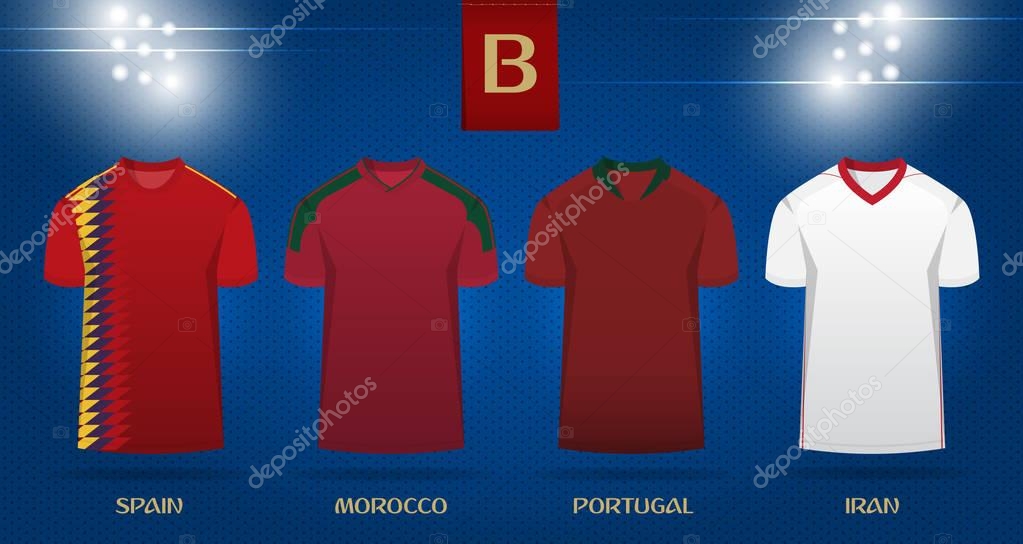Soccer kit or football jersey template design for national football team. Front view soccer uniform mock up on dot pattern background. Football t-shirt for world soccer tournament. Vector Illustration.