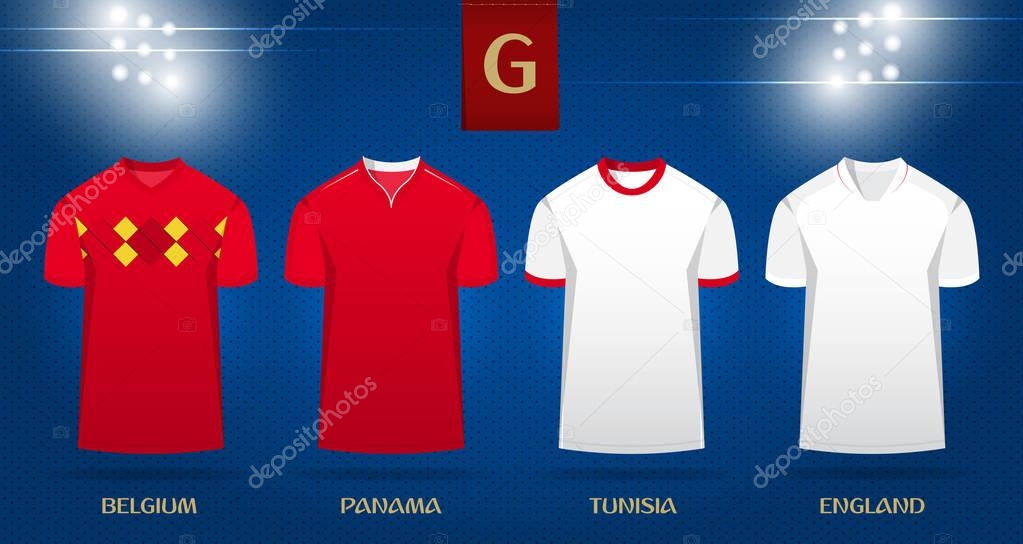 Soccer kit or football jersey template design for national football team. Front view soccer uniform mock up on dot pattern background. Football t-shirt for world soccer tournament. Vector