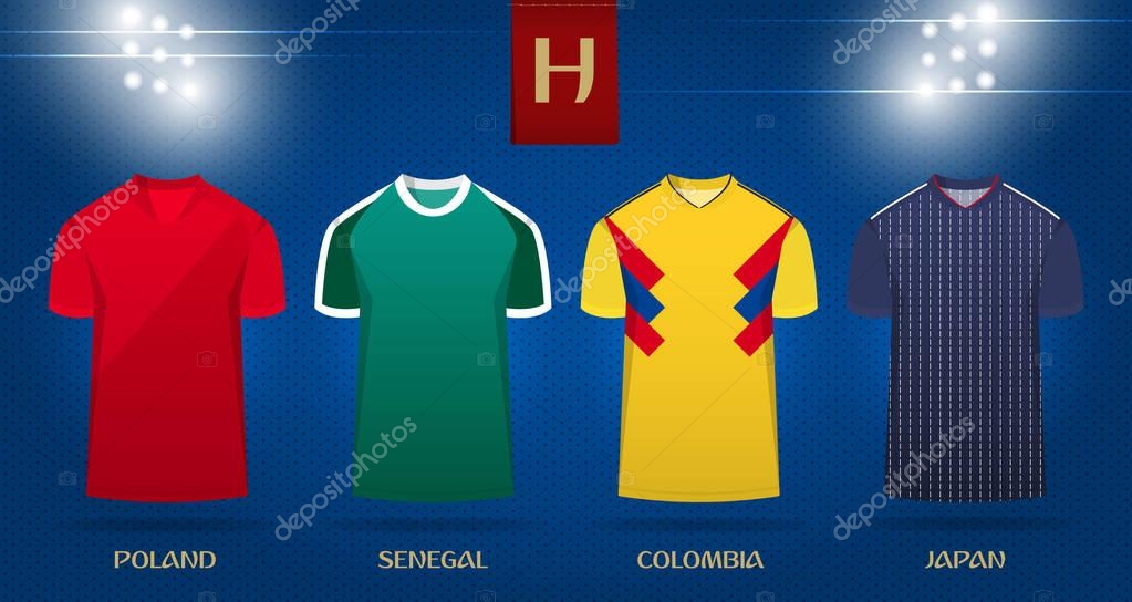 Soccer kit or football jersey template design for national football team. Front view soccer uniform mock up on dot pattern background. Football t-shirt for world soccer tournament. Vector Illustration.