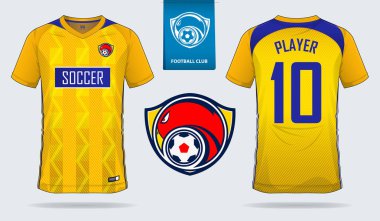 Futbol Forma, futbol takımı, t-shirt spor, kısa, çorap şablon tasarım spor kulübü için. Futbol t-shirt alay et. Ön ve arka futbol Tekdüzen görüntüleyin. Mavi etiket üzerinde düz futbol logo.
