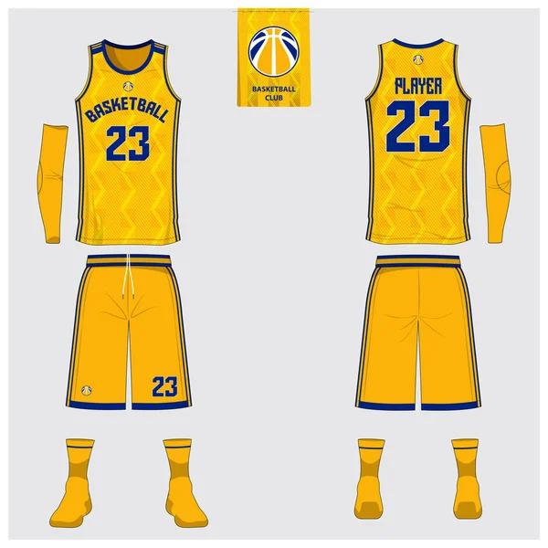 Basketball uniform or sport jersey, shorts, socks template for basketball club. Front and back view sport t-shirt design. Tank top t-shirt mock up with basketball flat logo design. — Stock Vector