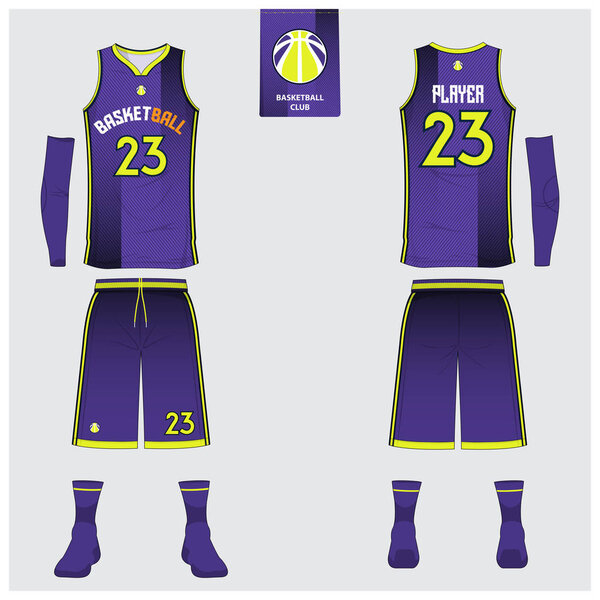 Basketball uniform or sport jersey, shorts, socks template for basketball club. Front and back view sport t-shirt design. Tank top t-shirt mock up with basketball flat logo design. 