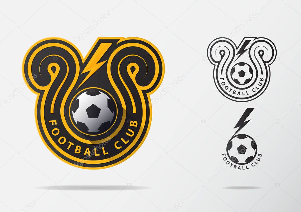 Soccer or Football Badge Logo Design for football team. Minimal design of golden thunderbolt and black and white soccer ball. Football club logo in lightning black and white icon. Vector Illustration.