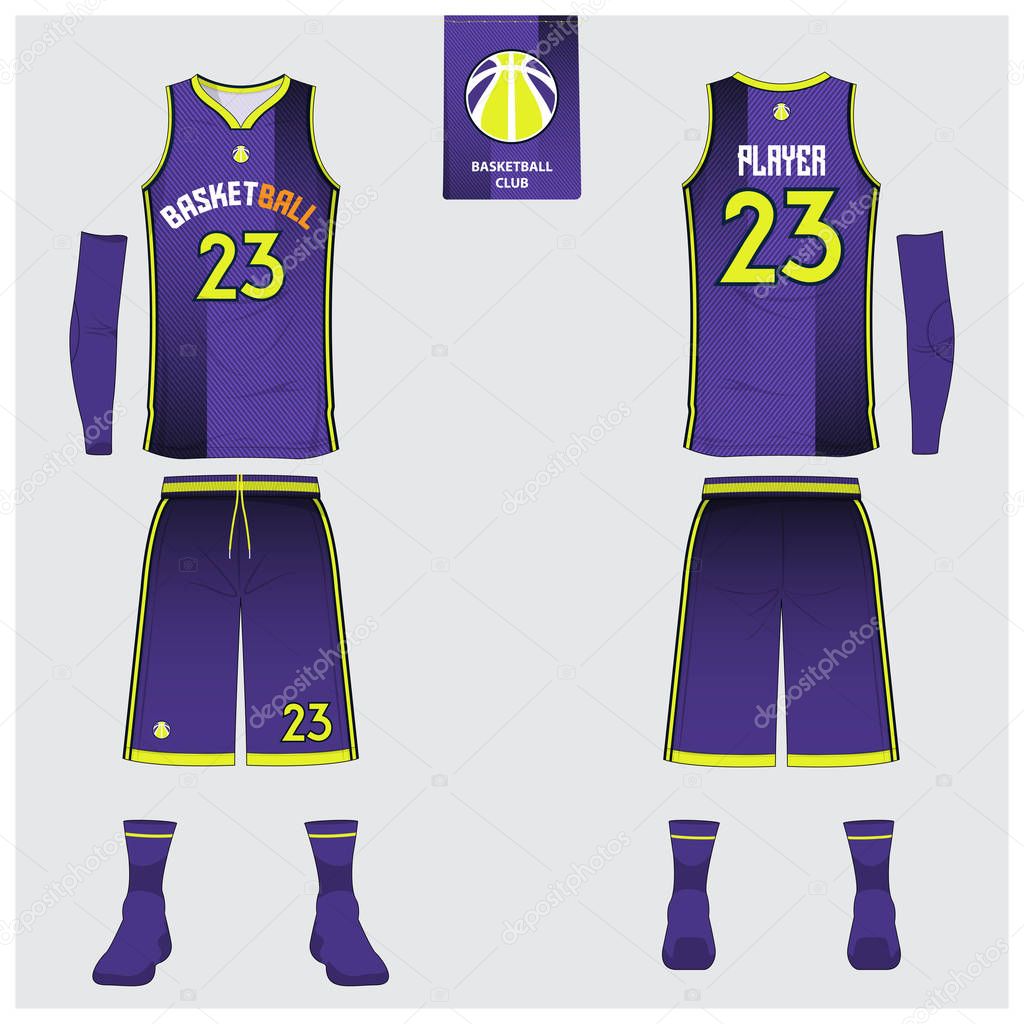 Basketball uniform or sport jersey, shorts, socks template for basketball club. Front and back view sport t-shirt design. Tank top t-shirt mock up with basketball flat logo design. 