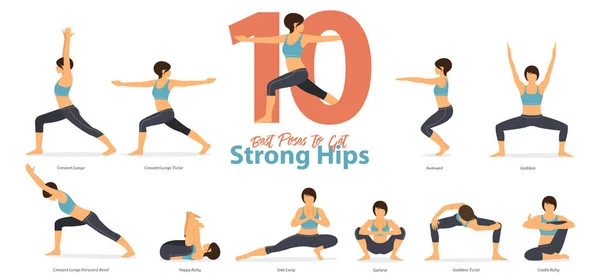 Um conjunto de posturas de ioga figuras femininas para Infográfico 10 poses de Yoga para obter quadris fortes em design plano. Mulher figura exercício em sportswear azul e calça de ioga preto. Vetor — Vetor de Stock
