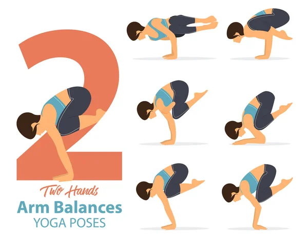 Un conjunto de posturas de yoga figuras femeninas para Infografía 6 posturas de yoga para el brazo equilibra el pie de la mano. Las figuras femeninas se ejercitan en ropa deportiva azul y pantalón de yoga negro. Vector — Vector de stock