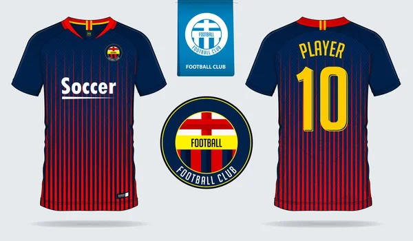 Camiseta de fútbol, kit de fútbol, camiseta deportiva, diseño corto, plantilla de calcetín para club deportivo. Camiseta de fútbol se burlan. Uniforme de fútbol con vista frontal y trasera. Logo de fútbol plano en etiqueta azul. Vector . — Archivo Imágenes Vectoriales