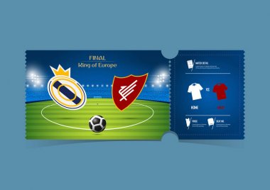 Futbol ya da futbol bilet şablon tasarım spor maç için. Futbol logo futbol sahası uçmak. Siyah ve beyaz futbol topu futbol sahası üzerinde. Hediye sertifikası veya kupon sertifika. Vektör çizim.