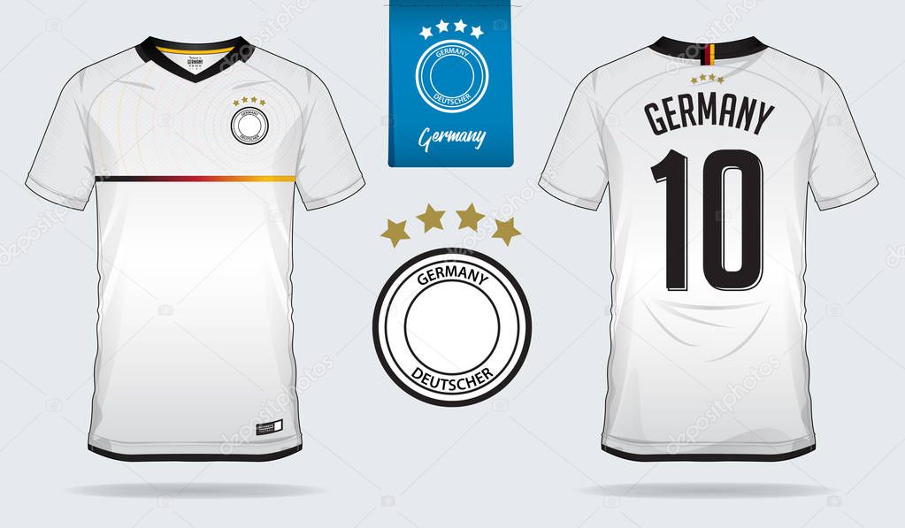 Set of soccer jersey or football kit template design for Germany national football team. Front and back view soccer uniform. Football t shirt mock up. Vector Illustration