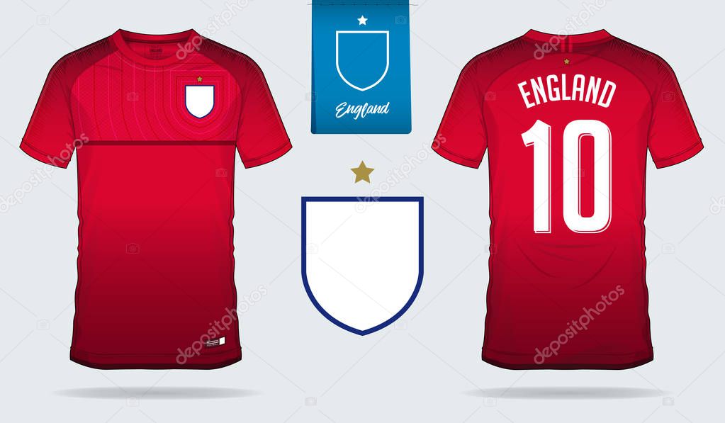 Set of soccer jersey or football kit template design for England national football team. Front and back view soccer uniform. Football t shirt mock up. Vector Illustration