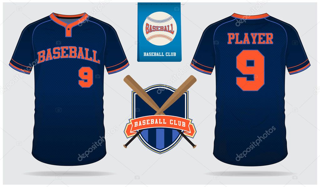 Baseball jersey, sport uniform, raglan t-shirt sport, short, sock template. Baseball t-shirt mock up. Front and back view baseball uniform. Flat baseball logo on blue label. Vector Illustration.