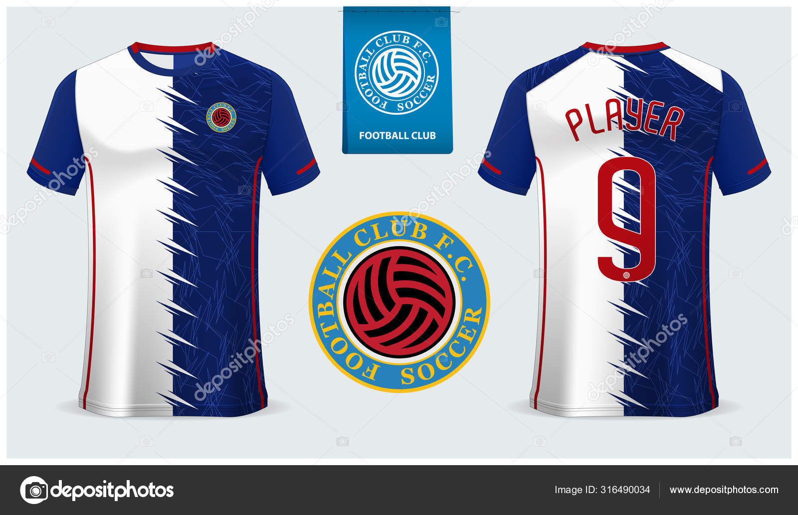 Download Soccer Jersey Or Football Kit Mockup Template Design For Sport Club Football T Shirt Sport Mock Up Half Blue Half White Soccer Uniform In Front View And Back View Flat Football Logo