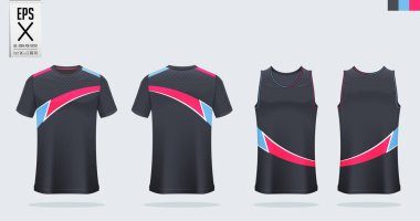Futbol forması, futbol kiti, basketbol forması için tank top ve çalışan singlet için T-shirt spor mockup şablon tasarım. Ön ve arka görünümde spor üniforma. Vektör.