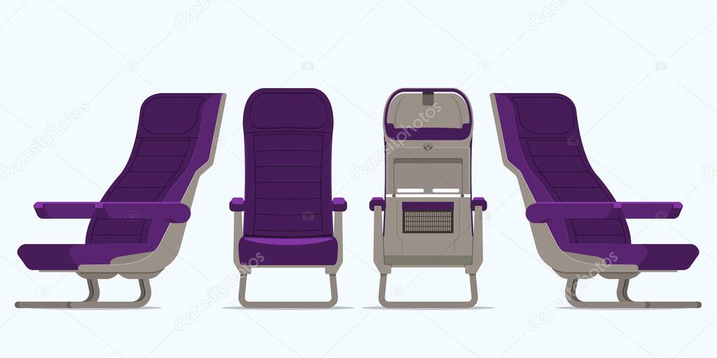 Airplane seat in various points of view. Armchair or stool in front view, rear view, side view. Furniture icon for Plane transport interior design  in flat style. Vector.