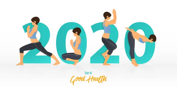 Feliz Ano Novo 2020 banner com poses de ioga. Ano de boa saúde. Modelo de design de banner para decoração de Ano Novo 2020 no conceito de Yoga. Vetor . — Vetor de Stock