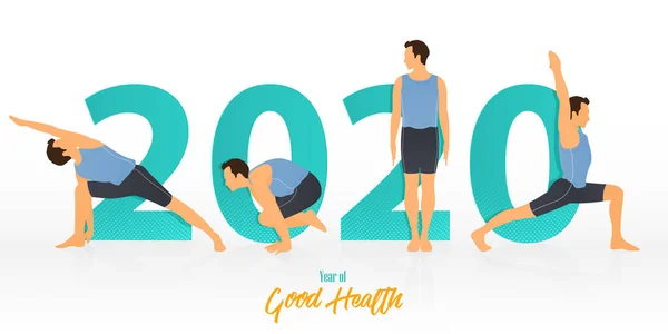 Feliz Ano Novo 2020 banner com poses de ioga. Ano de boa saúde. Modelo de design de banner para decoração de Ano Novo 2020 no conceito de Yoga. Vetor . — Vetor de Stock