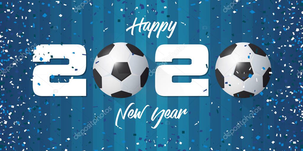 Happy New Year 2020 banner with soccer ball and paper confetti on soccer field background. Banner  template design for New Year decoration in Soccer or Football Concept. Vector.