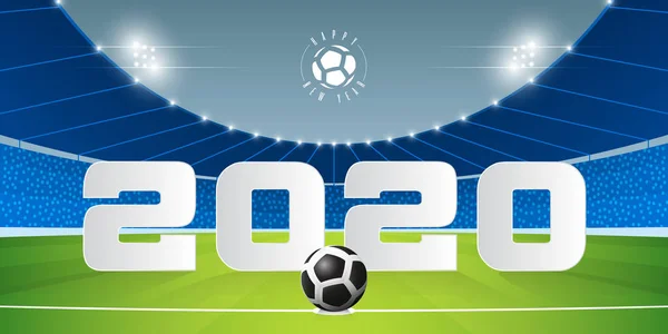 2020 yılı futbol topu ve 2020 yılı futbol stadyumu arka planında afişleriniz kutlu olsun. Futbol ya da Futbol Konseptinde yeni yıl dekorasyonu için pankart tasarımı. Vektör. — Stok Vektör