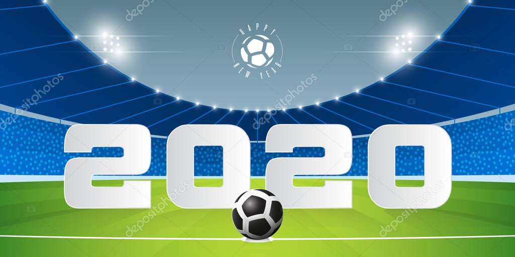 Happy New Year 2020 banner with soccer ball and year of 2020 on soccer stadium background. Banner  template design for New Year decoration in Soccer or Football Concept. Vector.