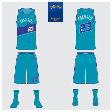 Basketbol kulübü için Charlotte basketbol forması şablon tasarımı. Basketbol forması için kolsuz tişört modeli. Ön manzara, arka manzara basketbol tişörtü. Düz spor logosu tasarımı. Vektör.