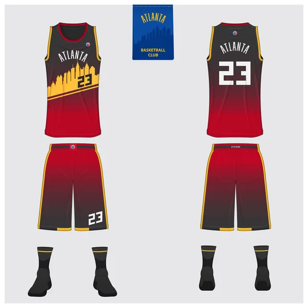 Atlanta basketball uniform mockup template design für basketball club. Tank Top T-Shirt-Attrappe für Basketballtrikots. Vorderseite, Rückseite Basketballshirt. flaches Design des Sportlogos. Vektor — Stockvektor