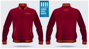 Zipped bomber jacket mockup template design for soccer, football, baseball, basketball, sports team or university. Front view and back view for jacket uniform. Vector. clipart