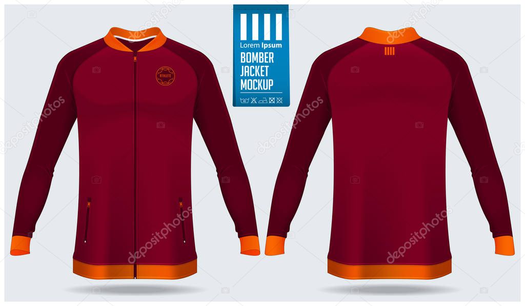 Zipped bomber jacket mockup template design for soccer, football, baseball, basketball, sports team or university. Front view and back view for jacket uniform. Vector.