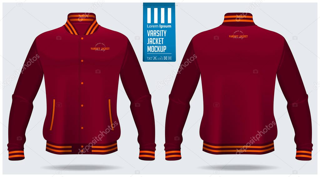 Varsity  jacket mockup template design for soccer, football, baseball, basketball, sports team or university. Front view and back view for jacket uniform. Vector.