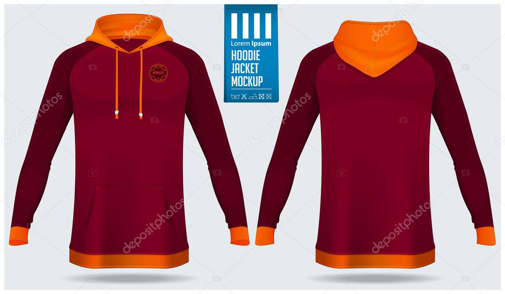 Hoodie jacket mockup template design for soccer, football, baseball, basketball, sports team or university. Front view and back view for jacket uniform. Vector.