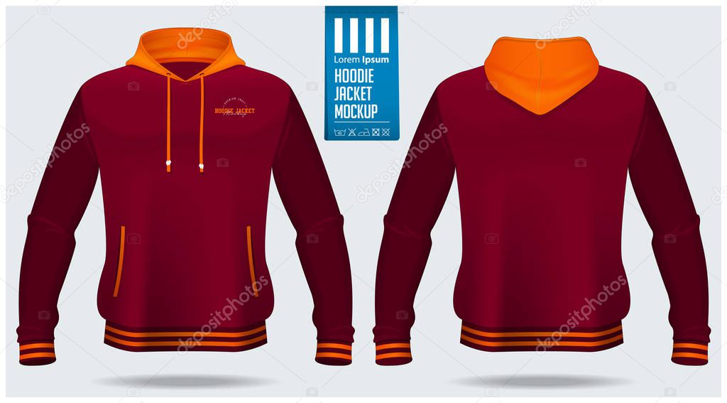 Hoodie jacket mockup template design for soccer, football, baseball, basketball, sports team or university. Front view and back view for jacket uniform. Vector.