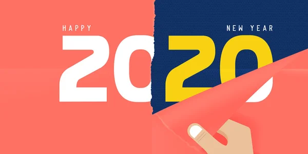 Yeni 2020 yılınız kutlu olsun. El, yılın konseptine göre kağıtları parçalıyor. Yeni yıl için afiş şablonu tasarımı. Vektör. — Stok Vektör