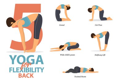 5 Yoga 'nın bilgileri düz dizaynda sırt esnekliği için poz veriyor. Güzellik kraliçesi vücut gerdirme egzersizi yapıyor. Yoga sekansı bilgileri. Vektör