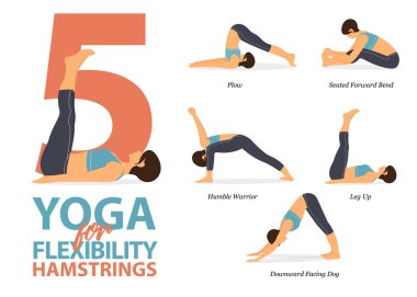 5 Yoga bilgisi düz dizaynda dizlerin esnekliği için poz verir. Güzellik kraliçesi vücut gerdirme egzersizi yapıyor. Yoga sekansı bilgileri. Vektör.