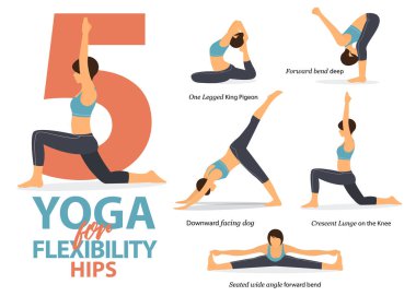 5 Yoga bilgisi düz tasarımda kalça esnekliği için poz verir. Güzellik kraliçesi vücut gerdirme egzersizi yapıyor. Yoga sekansı bilgileri. Vektör.